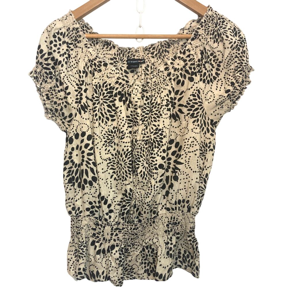 Saint Tropez West Linen Floral Dotted Cream Black Peplum Blouse Top Medium